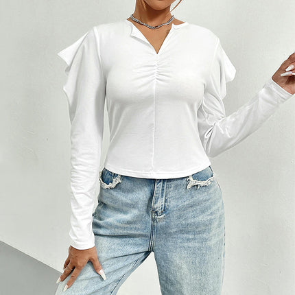 Women's V Neck Ruched T-Shirt Puff Long Sleeve Crop Top Blouse