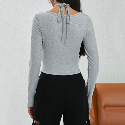 Women's Sexy Halter Sweetheart Neck Crop Tops Long Sleeve Slim Fit Going Out Casual T Shirts