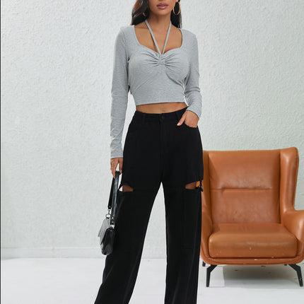 Women's Sexy Halter Sweetheart Neck Crop Tops Long Sleeve Slim Fit Going Out Casual T Shirts