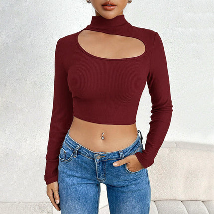 Long Sleeve Shirts for Women Basic Mock Neck Cut Out Crop Tops Going Out T-Shirt