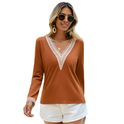 Women's Long Sleeve Tops Lace Trim V Neck Dressy Casual Loose Fit T-Shirts Fall Blouses