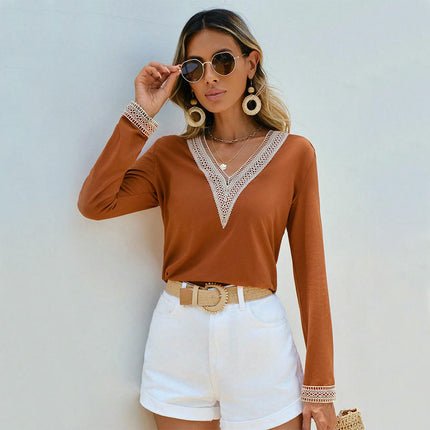 Women's Long Sleeve Tops Lace Trim V Neck Dressy Casual Loose Fit T-Shirts Fall Blouses