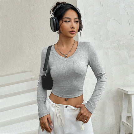 Women's Casual Going Out Crop Top Long Sleeve V-Neck Slim Fit T-Shirt