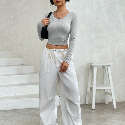Women's Casual Going Out Crop Top Long Sleeve V-Neck Slim Fit T-Shirt