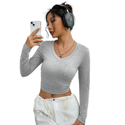 Women's Casual Going Out Crop Top Long Sleeve V-Neck Slim Fit T-Shirt