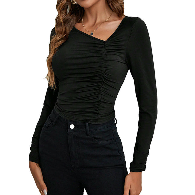 Women's Long Sleeve Ruched Top Asymmetric Neck Slim Fit T Shirts