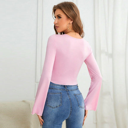 Women's Long Sleeve T-Shirts Sweetheart Neck Asymmetrical Hem Fitted Tops