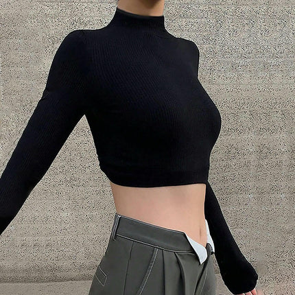 Womens Sexy Backless Tie Long Sleeves Crop Tops Slim Fitted Mock Neck T-Shirts