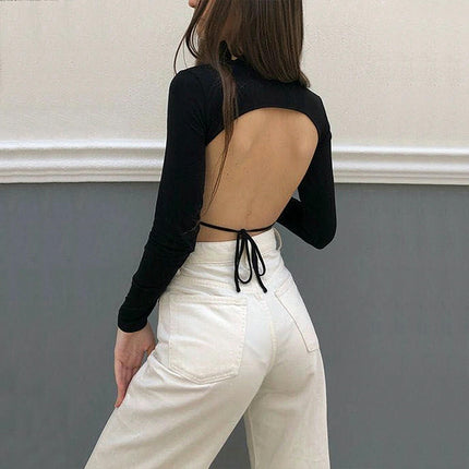 Womens Sexy Backless Tie Long Sleeves Crop Tops Slim Fitted Mock Neck T-Shirts
