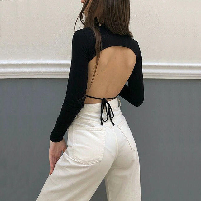 Womens Sexy Backless Tie Long Sleeves Crop Tops Slim Fitted Mock Neck T-Shirts