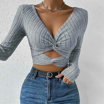 Women's Twist Front Cut Out Ribbed Knit Crop Tops V Neck Long Sleeve Slim Fit T Shirts