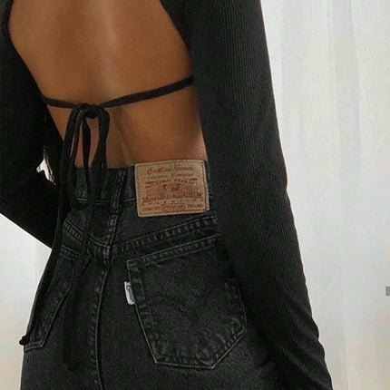Womens Sexy Backless Tie Long Sleeves Crop Tops Slim Fitted Mock Neck T-Shirts