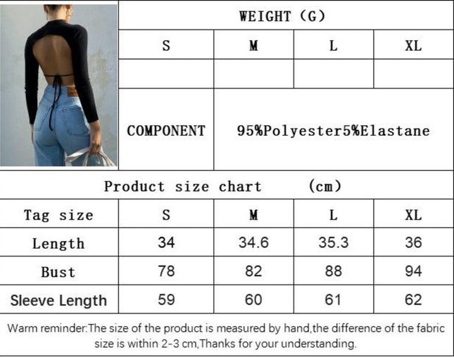 Womens Sexy Backless Tie Long Sleeves Crop Tops Slim Fitted Mock Neck T-Shirts