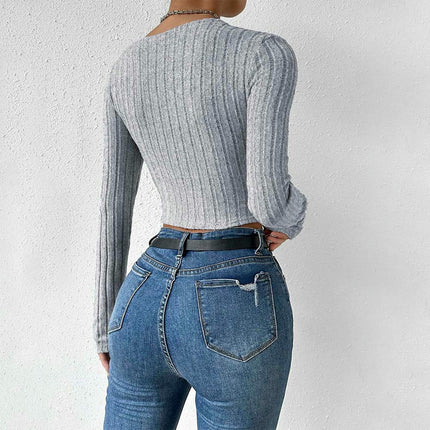 Women's Twist Front Cut Out Ribbed Knit Crop Tops V Neck Long Sleeve Slim Fit T Shirts