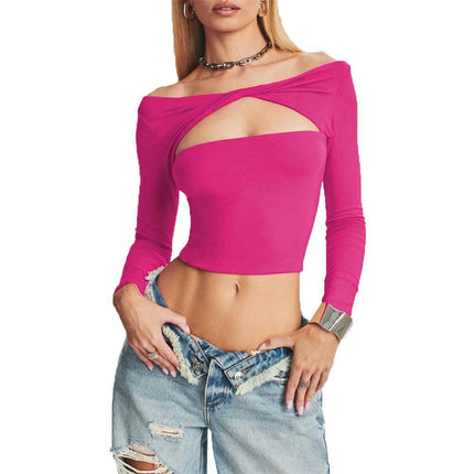 Women's Long Sleeve Off Shoulder Shirts Cutout Casual Slim Fitted Tee Tops