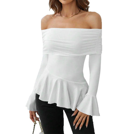 Womens Off The Shoulder Tops Going Out Long Sleeve Slim Fit Peplum Ruffle Shirts