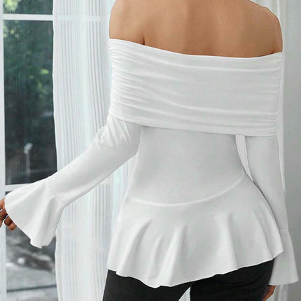 Womens Off The Shoulder Tops Going Out Long Sleeve Slim Fit Peplum Ruffle Shirts