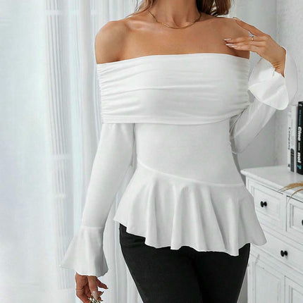 Womens Off The Shoulder Tops Going Out Long Sleeve Slim Fit Peplum Ruffle Shirts