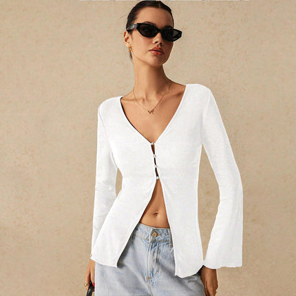 Womens Long Sleeves Cardigan Button Down V-Neck Slim Fitted Going Out Top