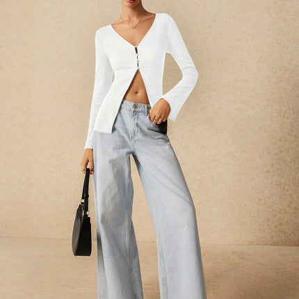 Womens Long Sleeves Cardigan Button Down V-Neck Slim Fitted Going Out Top