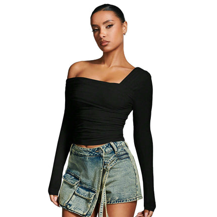 Women's Off Shoulder Long Sleeve T-Shirt Asymmetrical Neck Ruched Slim Fit Crop Top