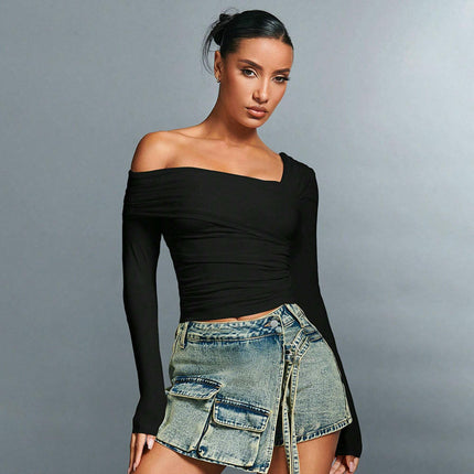 Women's Off Shoulder Long Sleeve T-Shirt Asymmetrical Neck Ruched Slim Fit Crop Top