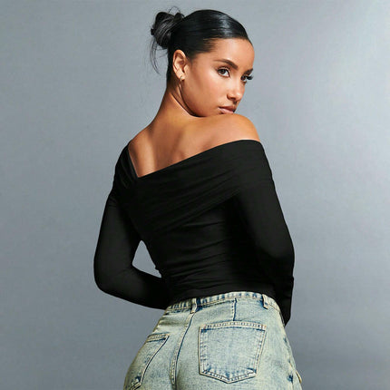 Women's Off Shoulder Long Sleeve T-Shirt Asymmetrical Neck Ruched Slim Fit Crop Top