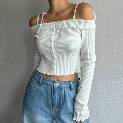 Off The Shoulder Tie Tops for Women Long Sleeve Crop Lettuce Trim Going Out Shirts