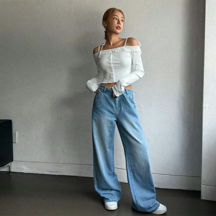 Off The Shoulder Tie Tops for Women Long Sleeve Crop Lettuce Trim Going Out Shirts