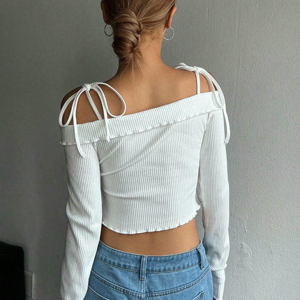 Off The Shoulder Tie Tops for Women Long Sleeve Crop Lettuce Trim Going Out Shirts