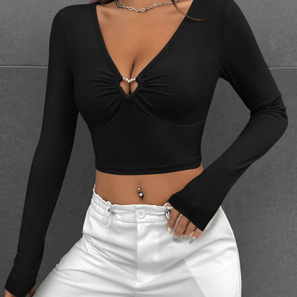 Women's Deep V Neck Long Sleeve Slim Fitted Crop Tops Going Out T Shirt