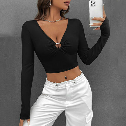 Women's Deep V Neck Long Sleeve Slim Fitted Crop Tops Going Out T Shirt