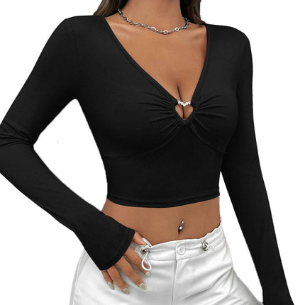 Women's Deep V Neck Long Sleeve Slim Fitted Crop Tops Going Out T Shirt