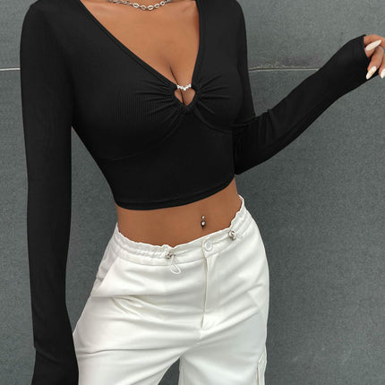 Women's Deep V Neck Long Sleeve Slim Fitted Crop Tops Going Out T Shirt
