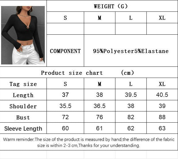 Women's Deep V Neck Long Sleeve Slim Fitted Crop Tops Going Out T Shirt
