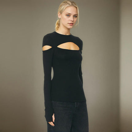 Women's Cut Out Long Sleeve T-Shirt Crew Neck Slim Fit Crop Top