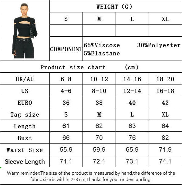 Women's Cut Out Long Sleeve T-Shirt Crew Neck Slim Fit Crop Top