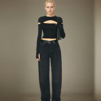 Women's Cut Out Long Sleeve T-Shirt Crew Neck Slim Fit Crop Top