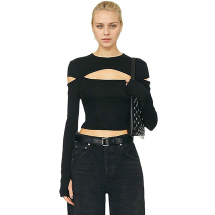 Women's Cut Out Long Sleeve T-Shirt Crew Neck Slim Fit Crop Top