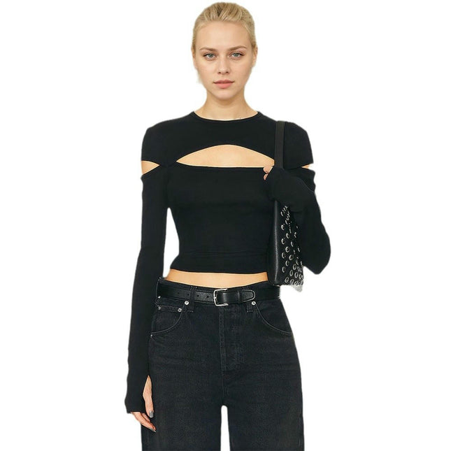 Women's Cut Out Long Sleeve T-Shirt Crew Neck Slim Fit Crop Top