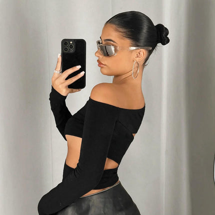 Women's Off The Shoulder Cut Out Crop Top Long Sleeve Shirts Fitted Going Out Tee