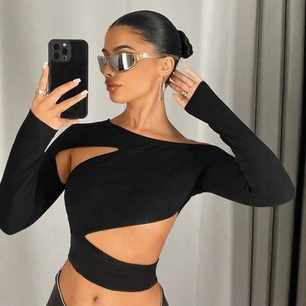 Women's Off The Shoulder Cut Out Crop Top Long Sleeve Shirts Fitted Going Out Tee