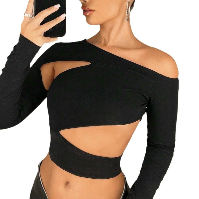 Women's Off The Shoulder Cut Out Crop Top Long Sleeve Shirts Fitted Going Out Tee