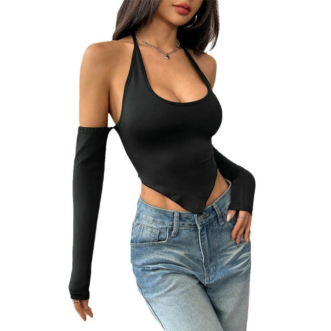Women Sexy Off Shoulder Crop Top Halter Backless Long Sleeve T Shirt