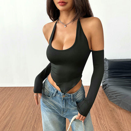 Women Sexy Off Shoulder Crop Top Halter Backless Long Sleeve T Shirt