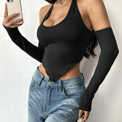 Women Sexy Off Shoulder Crop Top Halter Backless Long Sleeve T Shirt