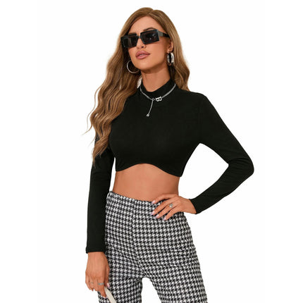 Women's Casual Slim Fit Tee Shirt Mock Neck Long Sleeve Crop Top