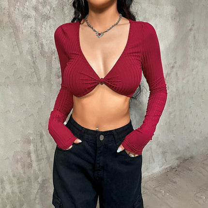 Women's Sexy Deep V Neck Long Sleeve Slim Fit Shirts Crop Tops
