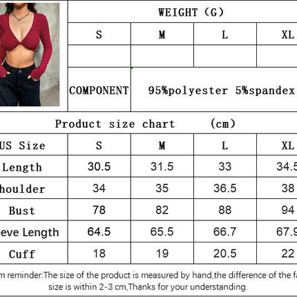 Women's Sexy Deep V Neck Long Sleeve Slim Fit Shirts Crop Tops