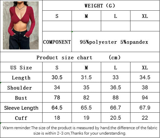 Women's Sexy Deep V Neck Long Sleeve Slim Fit Shirts Crop Tops